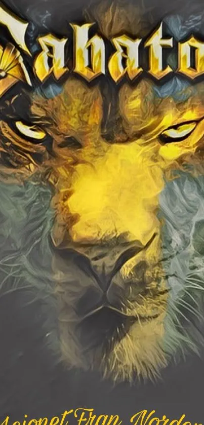 Bold lion and typography mobile wallpaper in gold hues.