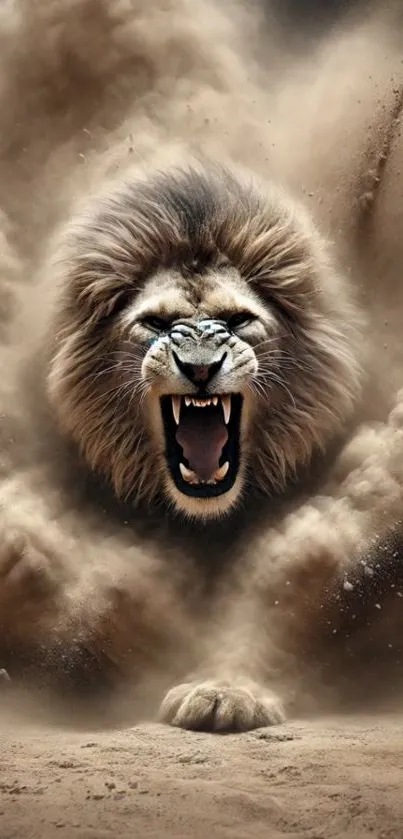 Roaring lion emerging from swirling duststorm.