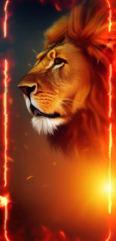 Fierce lion in fiery orange glow wallpaper.