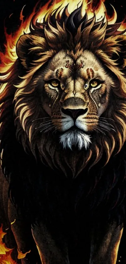 Fierce lion amidst flames mobile wallpaper.