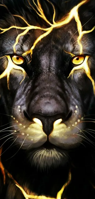 Black lion with lightning accents on a mobile wallpaper.