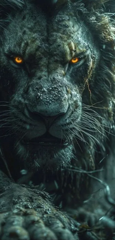 Fierce lion with glowing eyes in a dark setting, showcasing its majestic presence.