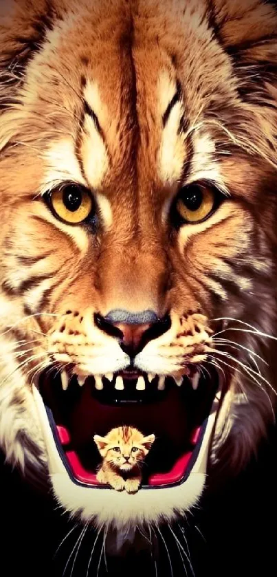 Close-up of a fierce lion with a cub in its mouth, golden tones.