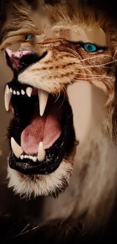 Fierce roaring lion with blue eyes, dramatic wallpaper.