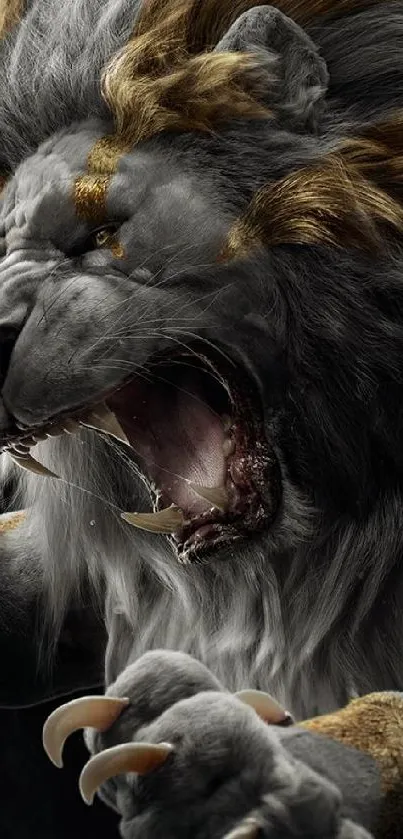 Realistic fierce lion roaring in nature-inspired mobile wallpaper.