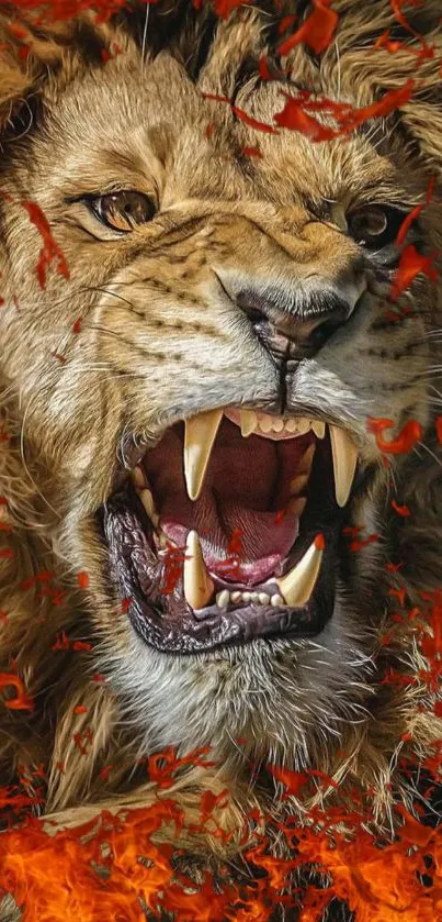 Fierce lion with open mouth amidst blazing flames in dynamic wallpaper.