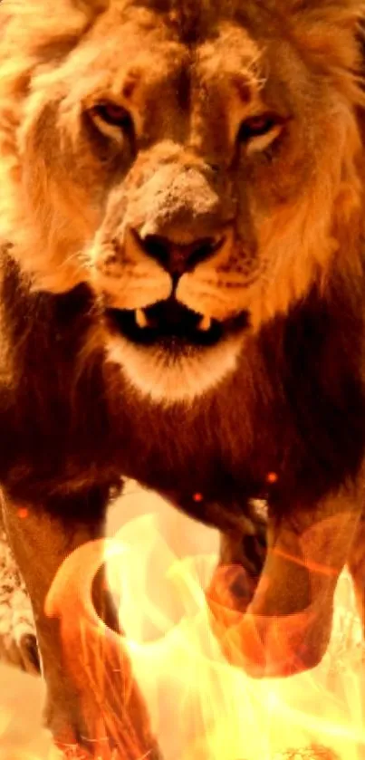 Lion engulfed in flames, fierce and majestic, creating a powerful mobile wallpaper backdrop.