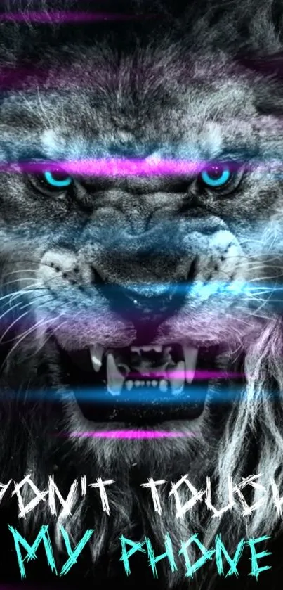 Fierce roaring lion with neon colors on phone wallpaper design.