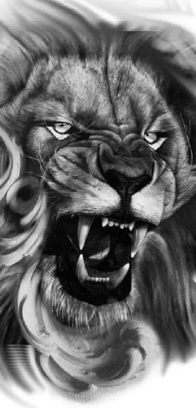 Artistic monochrome roaring lion wallpaper design.