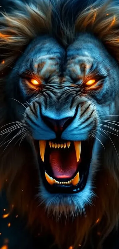 Fierce lion with glowing eyes and dark background.