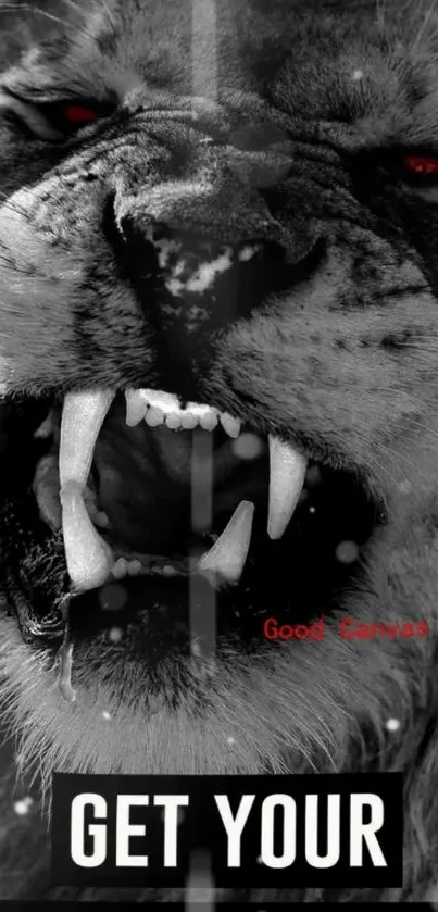 Black and white roaring lion with fierce expression.