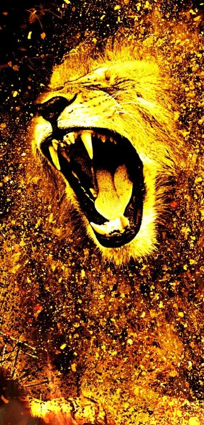 Roaring lion with fiery particles in golden hues wallpaper.