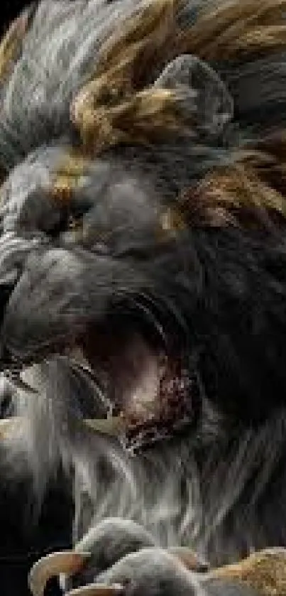 Roaring lion with fierce expression in dark tones.