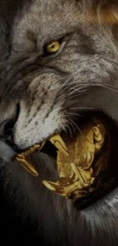 Fierce lion image with golden details on a dark background.