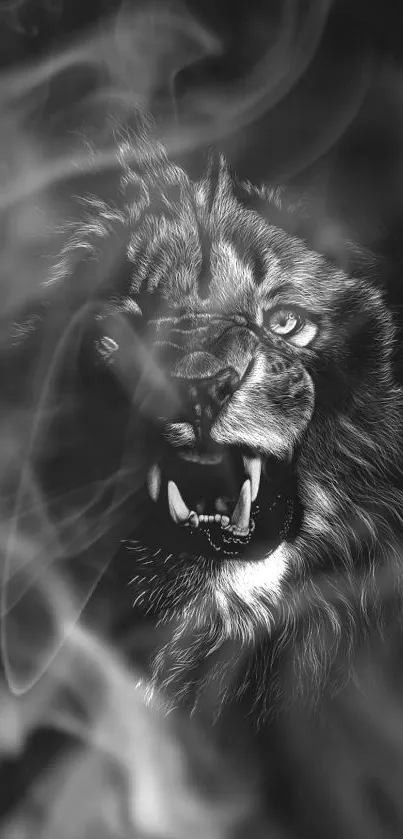 Fierce lion face emerging from smoke in monochrome art style.