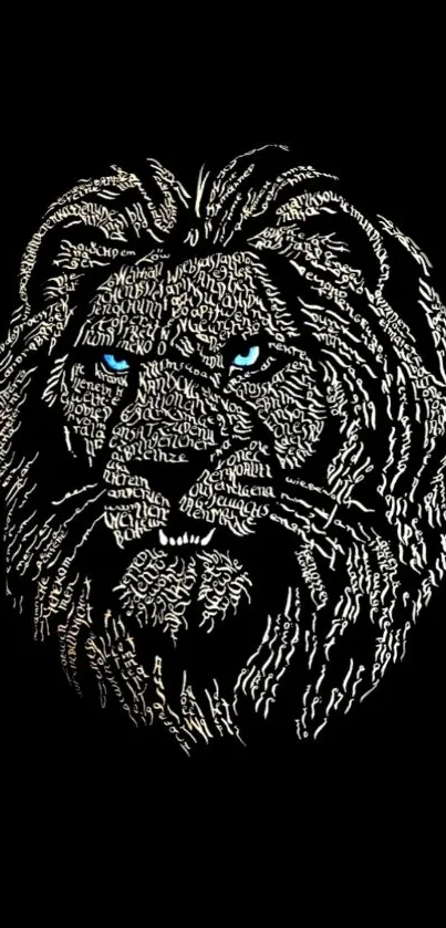 Lion face text art wallpaper on black background.