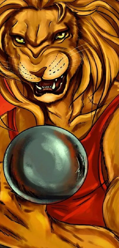 Artistic illustration of a lion warrior holding a metallic orb.