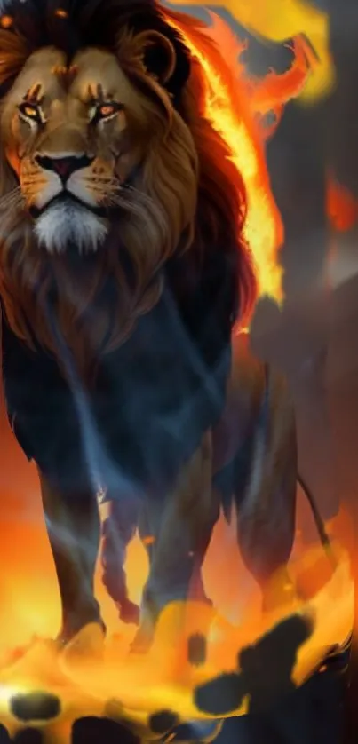 Majestic lion with fiery mane and aura in dramatic wallpaper.