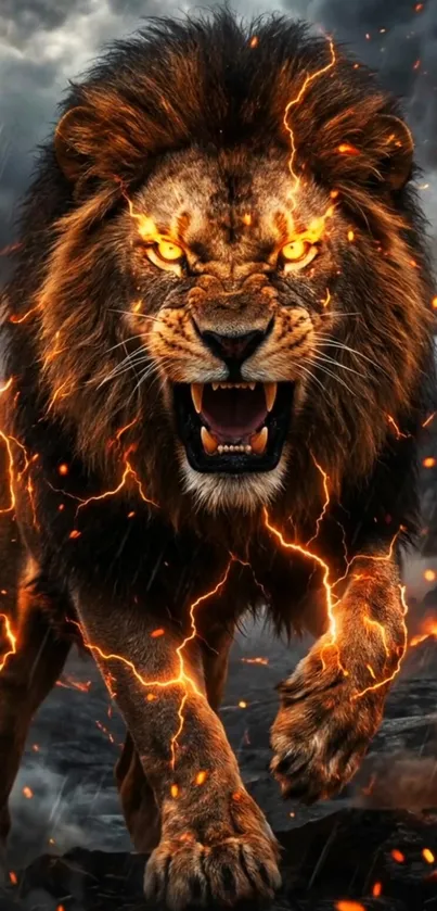 Fierce lion with fiery lightning background.