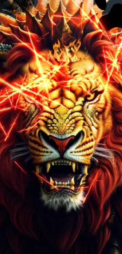 Fierce lion with fiery mane and lightning details on wallpaper.