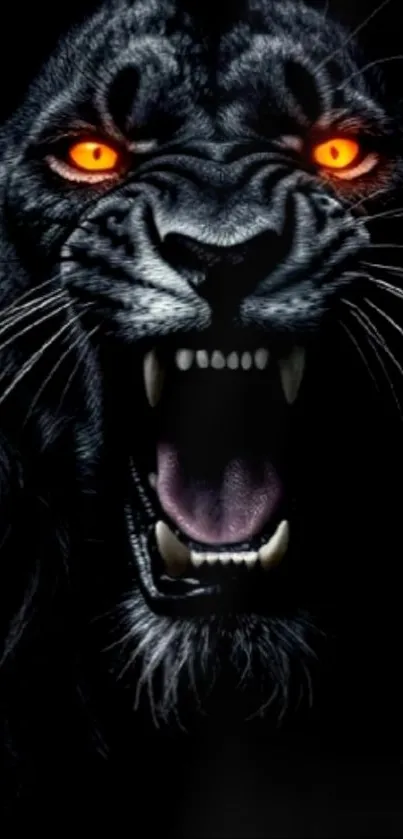 Fierce lion with glowing orange eyes on dark background