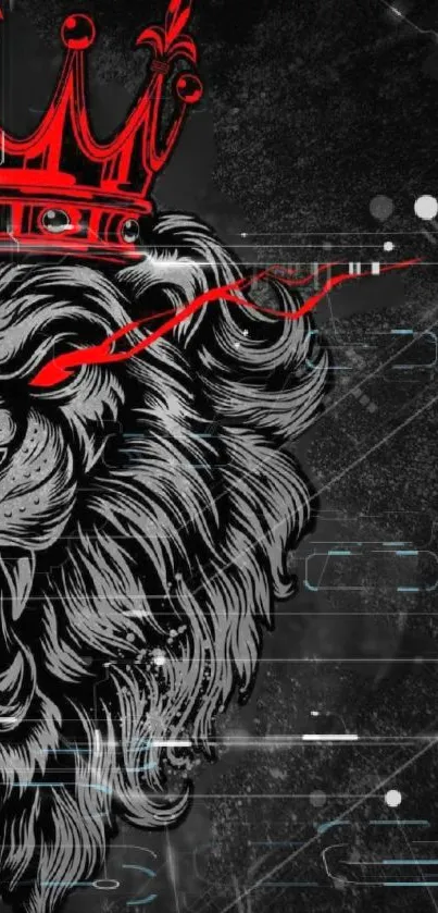 Fierce lion with a red crown on a black background, digital design.