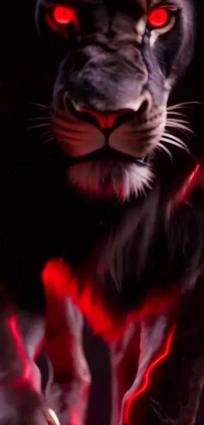 Fierce lion with glowing red eyes in a dark setting.