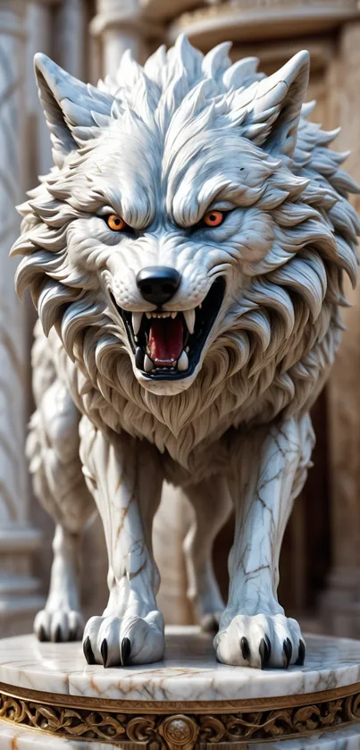 Detailed marble wolf sculpture with a fierce expression and intricate texture.