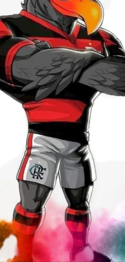 Dynamic cartoon mascot in red and black, crossing arms.