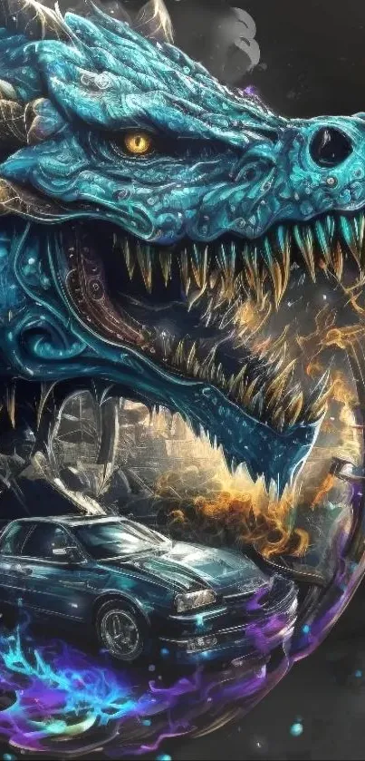 Blue dragon and car intertwined in fiery fantasy artwork.