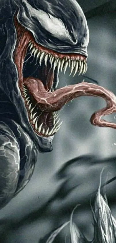 Vivid black monster with red tongue artwork on a dark background.