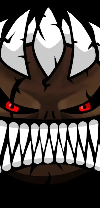 Vivid monster face with red eyes and sharp teeth on a black background.