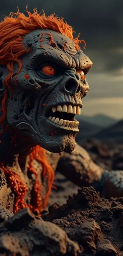 Fierce monster with orange eyes in a dark landscape.