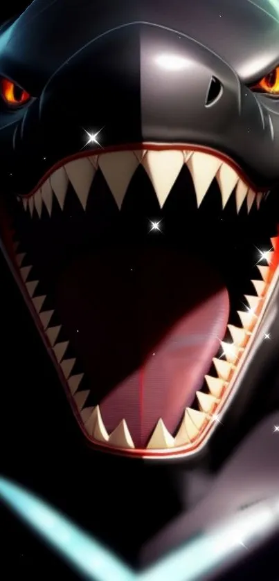 Fierce monster with sharp teeth and glowing eyes on a dark background.