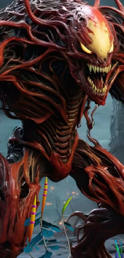 Symbiotic creature with sharp teeth in an urban landscape wallpaper.