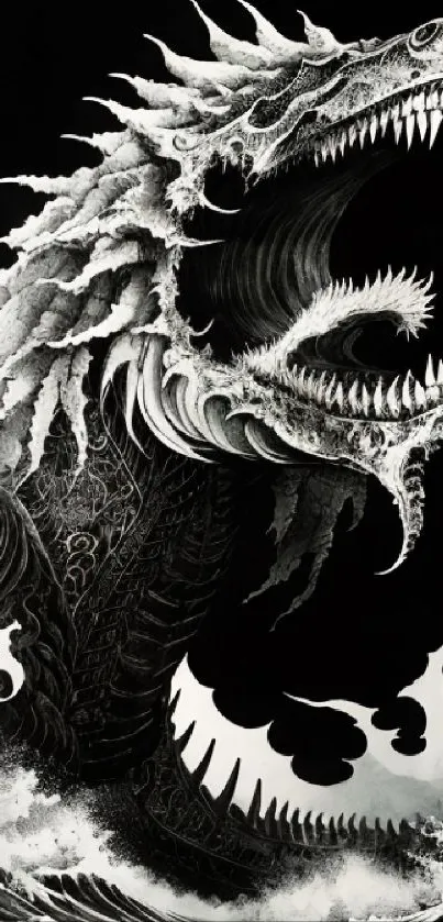 Black and white sea monster artwork with crashing waves.