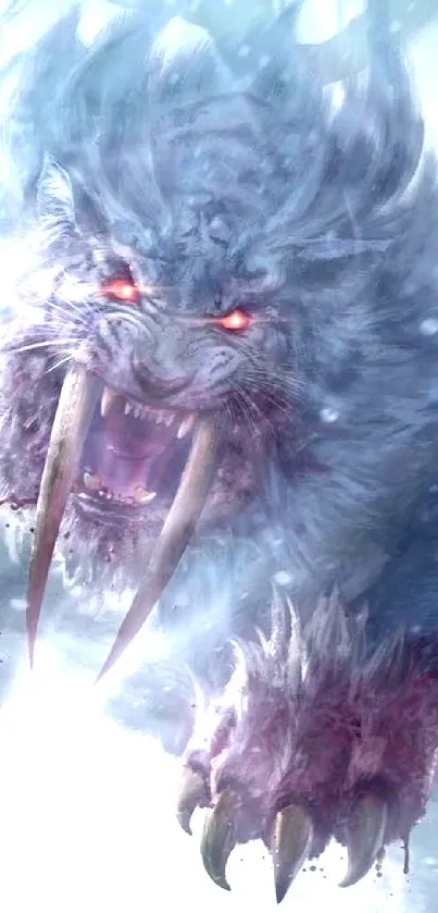 Mythical beast with glowing eyes in a snowy forest scene.