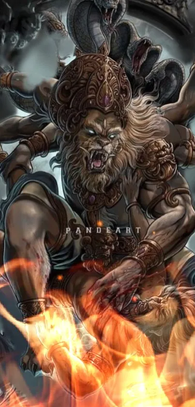 Lion-headed mythical creature with multiple arms amid flames in a dark setting.