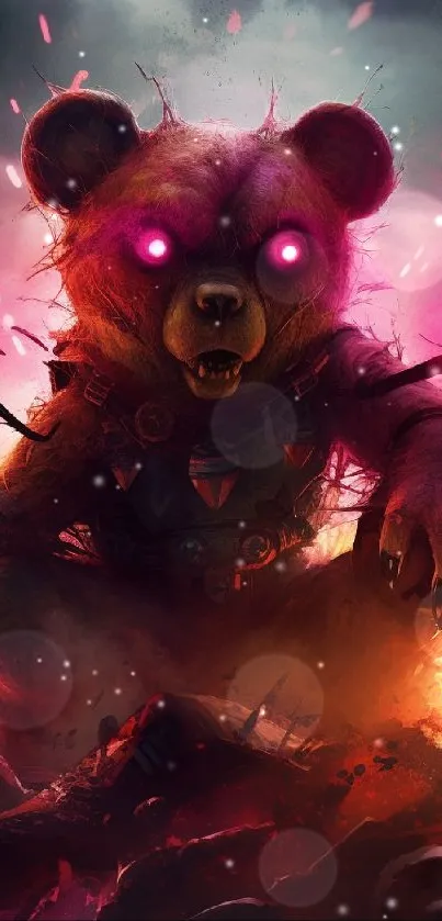 Fierce bear with glowing pink eyes in vibrant neon colors.