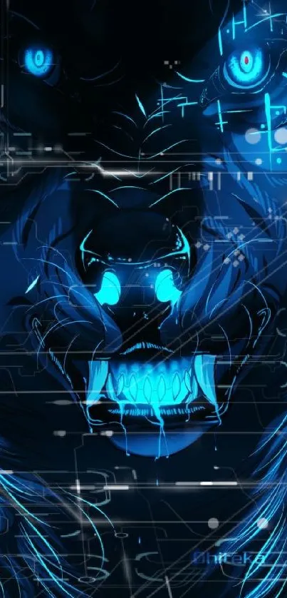 Fierce neon blue beast with glowing eyes on a dark background.