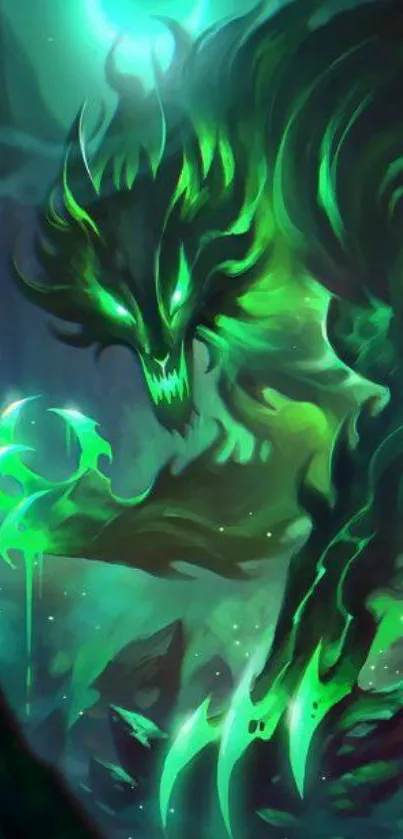 Neon green glowing beast in mystical forest.