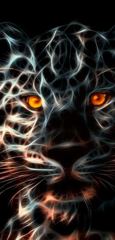 Artistic neon leopard with glowing eyes on black background.