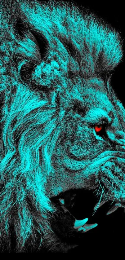 Fierce neon lion roaring with intense glow.