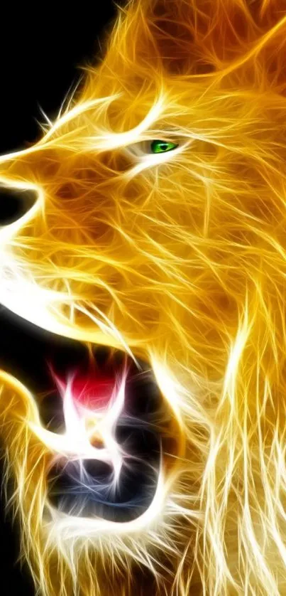 Fierce neon lion with golden mane on black background.