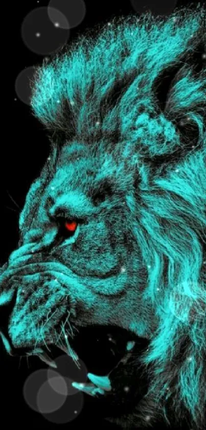 Neon cyan lion with fierce expression on a black background.