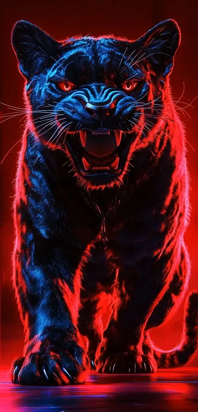 A fierce neon-lit panther exudes power and intensity.