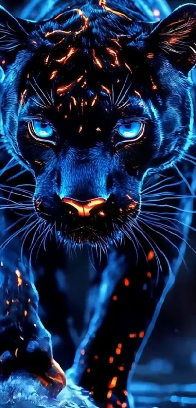 Neon-lit panther prowling through darkness.