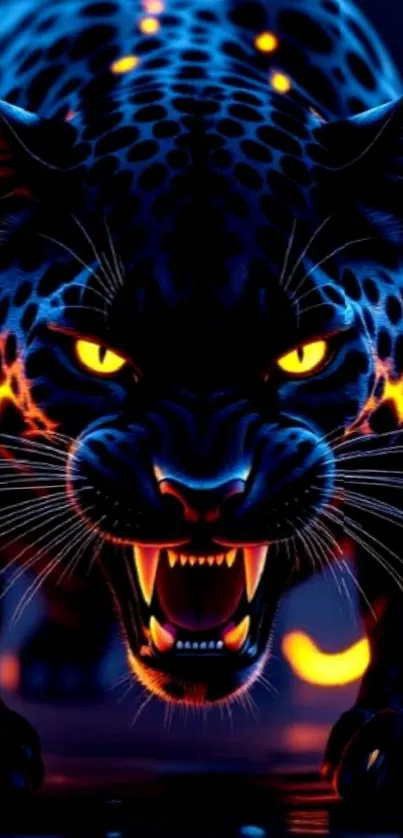 Fierce neon panther with glowing eyes.