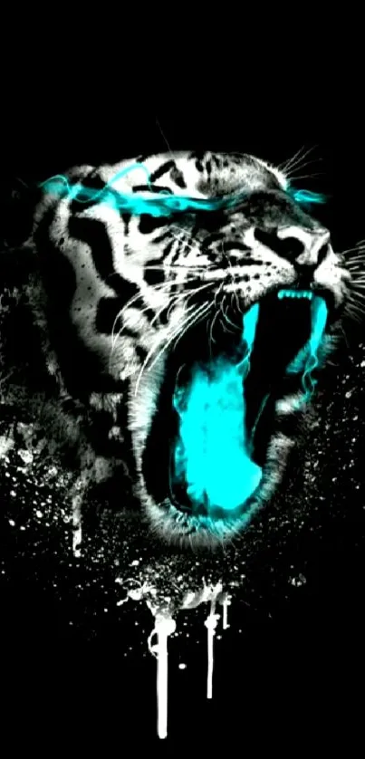 Fierce neon tiger with blue accents on black background.