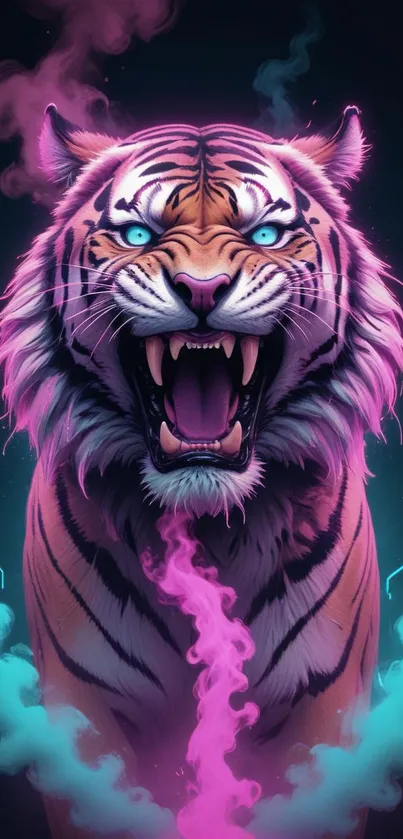 Fierce neon tiger with glowing eyes.